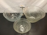 3 pc Punch Bowl lot - 2 pc matching crystal look glass punch bowl set + glass leaf motif bowl.
