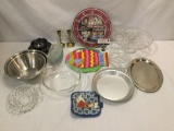 Lot of misc. home decor/collectibles: vintage Pyrex, silver plate, crystal, and more.