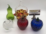 5 pc art glass lot - 4 paperweights of fruit, art glass basket w/ multi swirl color design