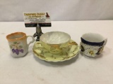 4 pc tea cup lot incl. 2 demitasse cups w/ hand painted design & cup/plate set (chip/crack)