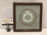 Vintage framed cut paper art, approximately 9 x 9 inches.