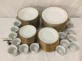 89 piece Large collection of gold-rimmed china, made in China. Seats 16.