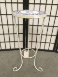 Metal plant stand w/ blue & white tile top