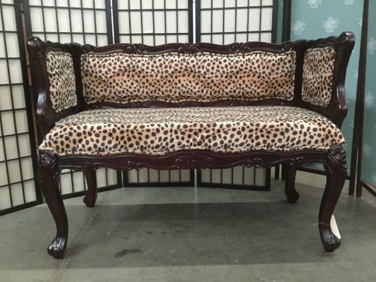 Modern cheetah print loveseat w/ swirling regal wood detailing & cabriole legs