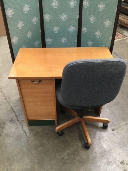 Wood desk & rolling office chair. No key - drawer is locked