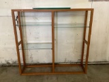 Modern wood /glass display shelf. 4 shelves total, missing brackets for 3 shelves. 60x56x14 inches.