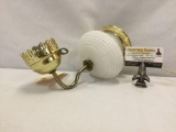 Modern wall mounted brass and hobnail milk glass style electric sconce