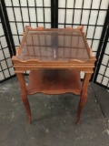 Antique repro 1940'/50's Maple end table with scalloped and carved rail and glass top