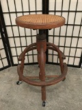 Vintage 40's rush/cane seat oak office stool with castors (1 loose) - as is