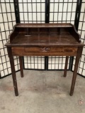 Vintage dark oak skinny desk with open top and single drawer - fair cond