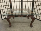 Wood coffee table base w/ added glass top, SOLD AS IS
