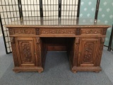 Antique style repo 3-drawer 2-cabinet desk w/ glass top, 3 keys, carved floral & lion designs