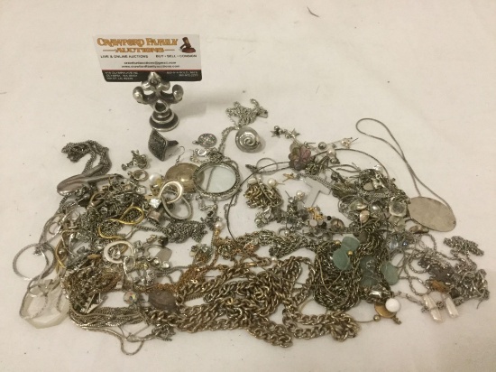 lot of silver tone estate jewelry, feat: necklaces, earrings, cuff links & more