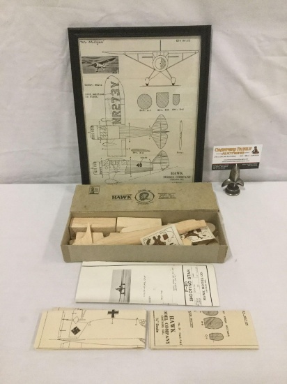 Vintage HAWK MODEL CO. wood model w/ framed instruction sheet