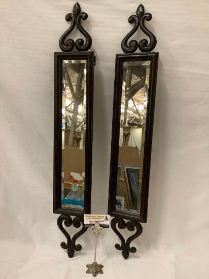 Pair of matching modern wood & metal frame decorative wall hanging mirrors