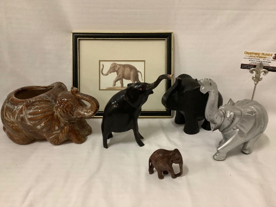 6 pc. lot of elephant collectibles; bone carved figure, framed print +++