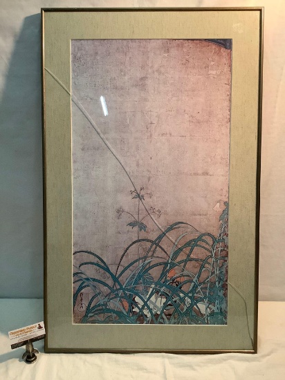 Framed Asian print home decor artwork, has crack in glass, sold as is