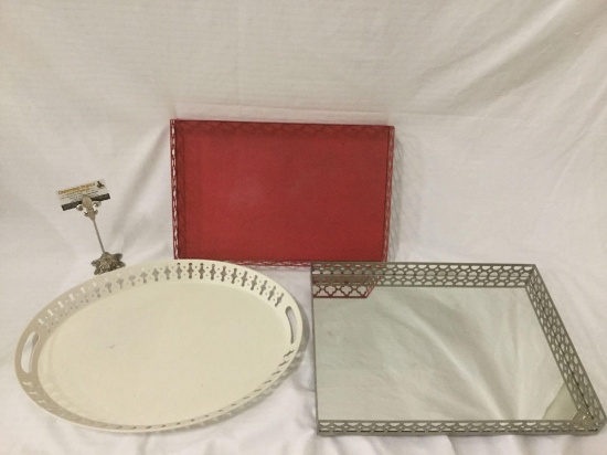 Lot of 3 metal serving trays; painted white, red, steel with mirror