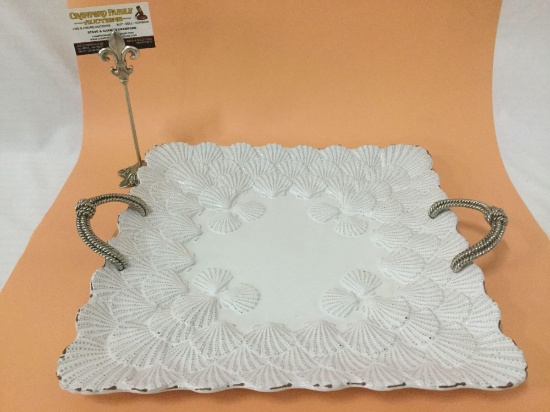 Mud Pie ceramic square seashell serving tray platter w/ braided metal handles