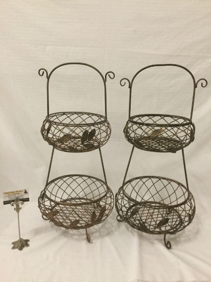 Pair of matching metal wire 2-tier basket display racks w/ leaf motif