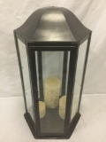 Large heavy metal and glass candle holder w/ three candles