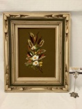 Vintage wood carved frame with original floral stitch art