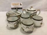 Hand painted mid century Japanese tea set with 4 cups, 5 saucers & sugar bowl