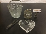 3 pc. Lot of crystal glass home decor: ice bucket w/ tongs & metal handle, heart-shaped dish,