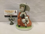 Vintage GEROLD PORZELLAN Bavaria painted porcelain figure, 7374, girl sheltering kittens w/ umbrella