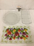 3 vintage glass serving pieces incl. frosted grape theme chip and dip and tulip serving platter