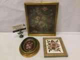 Antique style floral art incl. an original pressed flower picture and 1 original signed oil in oval