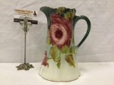 Lovely antique floral scene porcelain pitcher - likely french, with gold trim - no makers mark