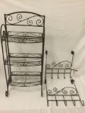 Lot of 3 brown metal wire home decor shelf rack & 2 door hanging coat racks