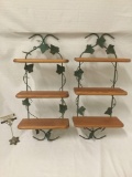 Pair of wood & metal wire 3-tier wall mounting display shelves w/ natural leaf design