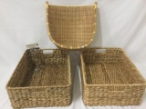 3 pc. lot of woven baskets: 2 storage, 1 gathering basket