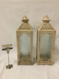 Pair of metal hanging lantern style candle holders, see pics. for wear