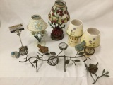 Collection of modern tea light candle lamps/candleholders & bird figures with metal wire bird nest