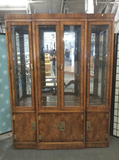 Mid Century Heritage lighted china cabinet, missing glass shelving. Sold as is