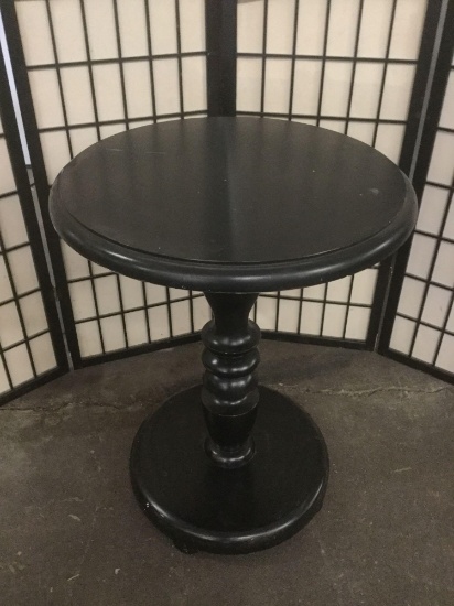Modern black parlor end table. Approx 21x21x28 inches.