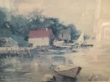 Framed vintage coastal scene harbor print signed by unidentified artist, approx. 28x24 inches....