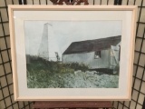 Framed tower house art print by unknown artist, approx. 37x29 inches