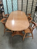 Vintage dining room table w/ 3 leaves & 6 chairs. With leaves approx 96x40x30 inches.