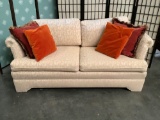 Vintage Durobilt Furniture loveseat couch w/ throw pillows and dust cover.