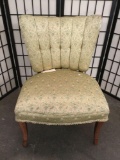 1950's repro Victorian parlor chair w/ floral tufted green upholstery & delicate skirt