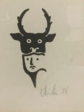 Chintu 1978 clean minimalist abstract print depicting a hunter / man and beast