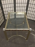 Vintage metal gold tone & faux wood grain glass top coffee table