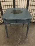 Vintage LANE wood end table w/ 1 drawer, painted blue w/ black flower