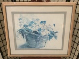 Framed watercolor flower basket art print in blue tones by artist Dayna D. , approx. 37x31 inches