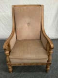 Vintage wood tan upholstered high back armchair, shows minor wear