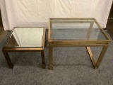 Pair of gold tone nesting tables, smaller w/ mirror top (has crack)